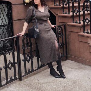 Anthropologie Grey Slouchy V Neck Sweater Dress with Side Slit